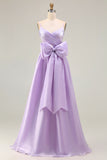 Lilac A-Line Pleated Spaghetti Straps Satin Long Prom Dress with Large Bow