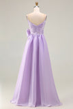 Lilac A-Line Pleated Spaghetti Straps Satin Long Prom Dress with Large Bow