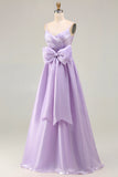 Lilac A-Line Pleated Spaghetti Straps Satin Long Prom Dress with Large Bow