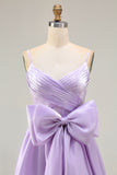 Lilac A-Line Pleated Spaghetti Straps Satin Long Prom Dress with Large Bow