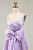 Lilac A-Line Pleated Spaghetti Straps Satin Long Prom Dress with Large Bow
