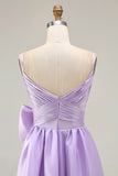 Lilac A-Line Pleated Spaghetti Straps Satin Long Prom Dress with Large Bow