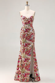 Sparkly Fuchsia Floral Strapless Mermaid Sequin Long Prom Dress with Slit