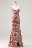 Sparkly Fuchsia Floral Strapless Mermaid Sequin Long Prom Dress with Slit
