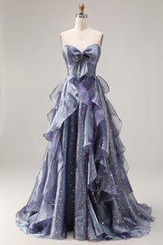 Dusty Blue Strapless Printed A Line Long Prom Dress with Ruffles