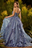 Dusty Blue Strapless Printed A Line Long Prom Dress with Ruffles