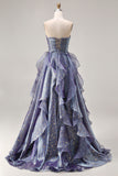 Dusty Blue Strapless Printed A Line Long Prom Dress with Ruffles