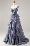Dusty Blue Strapless Printed A Line Long Prom Dress with Ruffles