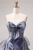 Dusty Blue Strapless Printed A Line Long Prom Dress with Ruffles