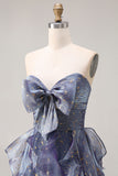Dusty Blue Strapless Printed A Line Long Prom Dress with Ruffles