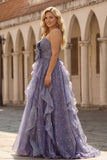 Dusty Blue Plus Size A Line Strapless Long Prom Dress with Ruffles