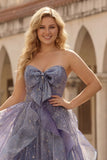 Dusty Blue Plus Size A Line Strapless Long Prom Dress with Ruffles