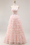 A Line Candy Pink Floral Halter Beaded Corset Tiered Ruffle Long Prom Dress