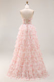 A Line Candy Pink Floral Halter Beaded Corset Tiered Ruffle Long Prom Dress