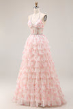 A Line Candy Pink Floral Halter Beaded Corset Tiered Ruffle Long Prom Dress