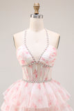 A Line Candy Pink Floral Halter Beaded Corset Tiered Ruffle Long Prom Dress
