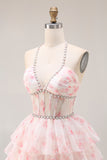A Line Candy Pink Floral Halter Beaded Corset Tiered Ruffle Long Prom Dress