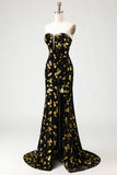 Sparkly Black Golden Mermaid Sequins Strapless Velvet Long Prom Dress with Slit