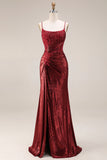 Dark Red Mermaid Beaded Spaghetti Straps Ruched Long Prom Dress with Slit