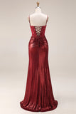 Dark Red Mermaid Beaded Spaghetti Straps Ruched Long Prom Dress with Slit