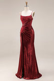 Dark Red Mermaid Beaded Spaghetti Straps Ruched Long Prom Dress with Slit