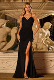 Black Mermaid Beaded Ruched Tie Back Long Prom Dress with Slit