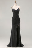 Black Mermaid Beaded Tie Back Ruched Long Prom Dress with Slit