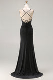 Black Mermaid Beaded Tie Back Ruched Long Prom Dress with Slit