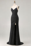 Black Mermaid Beaded Tie Back Ruched Long Prom Dress with Slit