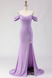 Mermaid Off the Shoulder Purple Long Prom Dress with Slit
