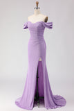 Mermaid Off the Shoulder Purple Long Prom Dress with Slit