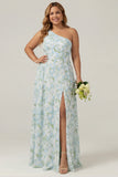 One Shoulder Blue White Flower Print Sheath Long Plus Size Bridesmaid Dress with Slit