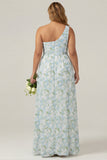 One Shoulder Blue White Flower Print Sheath Long Plus Size Bridesmaid Dress with Slit