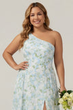 One Shoulder Blue White Flower Print Sheath Long Plus Size Bridesmaid Dress with Slit