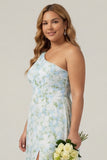 One Shoulder Blue White Flower Print Sheath Long Plus Size Bridesmaid Dress with Slit