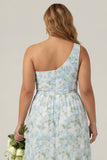 One Shoulder Blue White Flower Print Sheath Long Plus Size Bridesmaid Dress with Slit