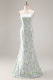 Strapless Blue White Flower Mermaid Satin Convertible Dress with Removable Sleeves