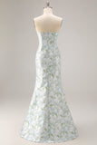 Strapless Blue White Flower Mermaid Satin Convertible Dress with Removable Sleeves