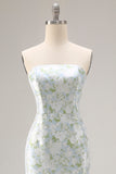 Strapless Blue White Flower Mermaid Satin Convertible Dress with Removable Sleeves