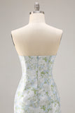 Strapless Blue White Flower Mermaid Satin Convertible Dress with Removable Sleeves