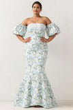 Blue White Flower Mermaid Strapless Satin Plus Size Bridesmaid Dress with Removable Sleeves
