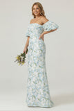 Blue White Flower Mermaid Strapless Satin Plus Size Bridesmaid Dress with Removable Sleeves