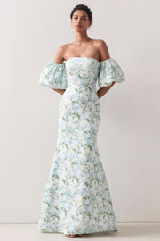 Blue White Flower Mermaid Strapless Satin Convertible Dress with Removable Sleeves