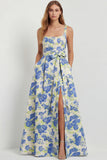 Blue White Flower A-Line Print Bowed Long Satin Wedding Guest Dress with Slit