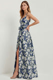 Blue White Flower A-Line Print Bowed Long Satin Wedding Guest Dress with Slit