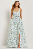 Blue White Flower A-Line Print Bowed Long Satin Wedding Guest Dress with Slit