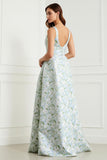 Blue White Flower A-Line Print Bowed Long Satin Wedding Guest Dress with Slit