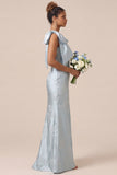 Blue White Flower Mermaid One Shoulder Print Long Bridesmaid Dress with Bow