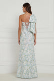 Blue White Flower Mermaid One Shoulder Print Long Bridesmaid Dress with Bow