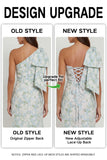 Blue White Flower Mermaid One Shoulder Print Long Bridesmaid Dress with Bow